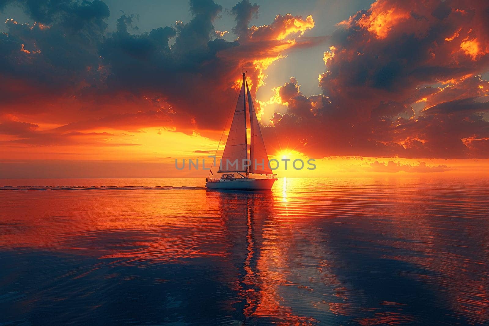 A lone sailboat on a vast ocean at sunset by Benzoix
