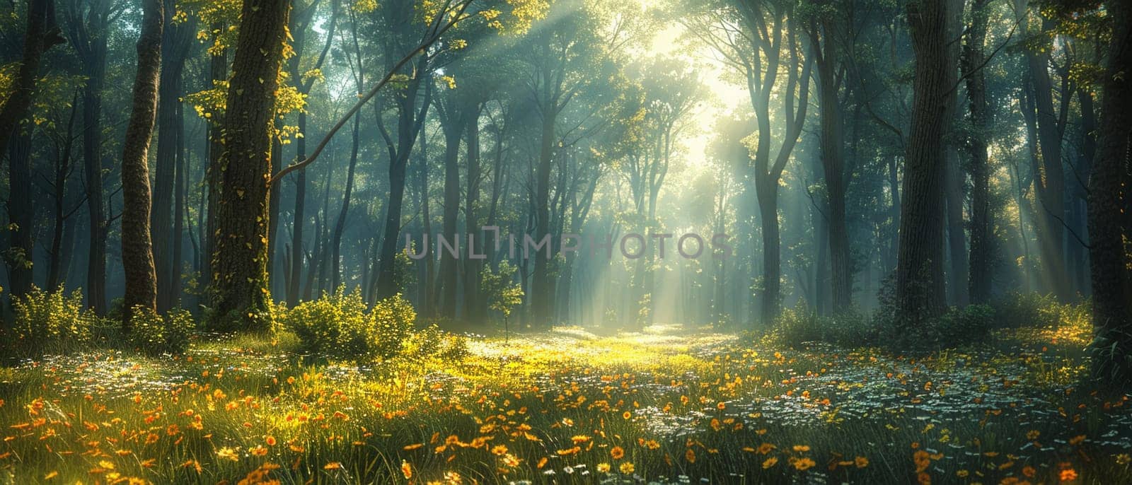 A peaceful forest clearing bathed in sunlight by Benzoix
