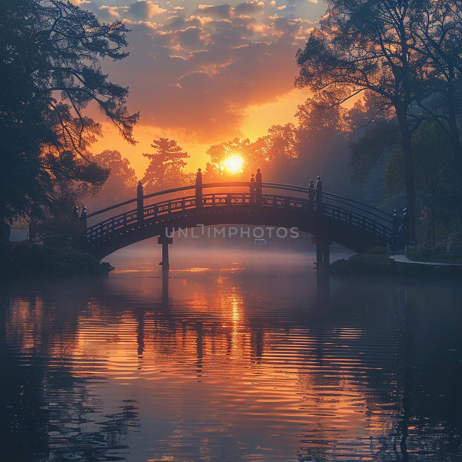 A bridge spanning a tranquil river at sunrise, connecting two shores and symbolizing passage.