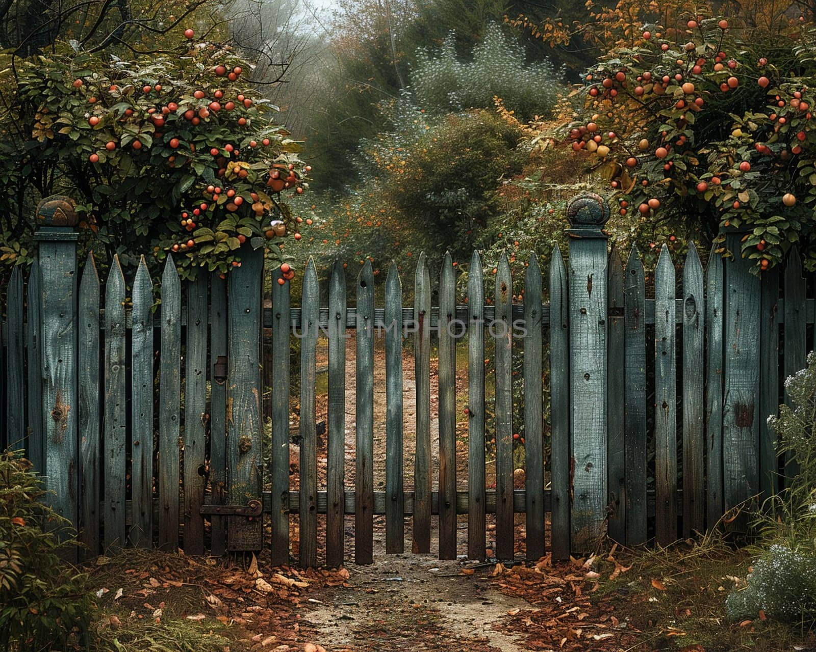 A rustic gate leading into a secret garden, inviting mystery and discovery.