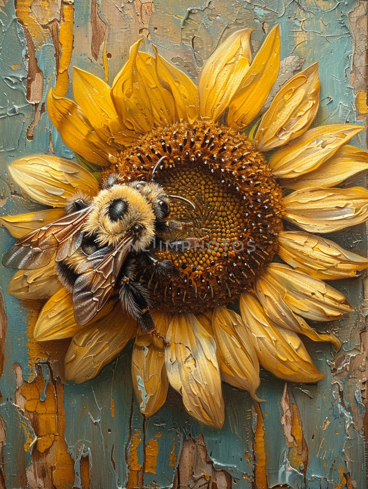 Close-up of a bee on a sunflower, representing nature, pollination, and summer themes.