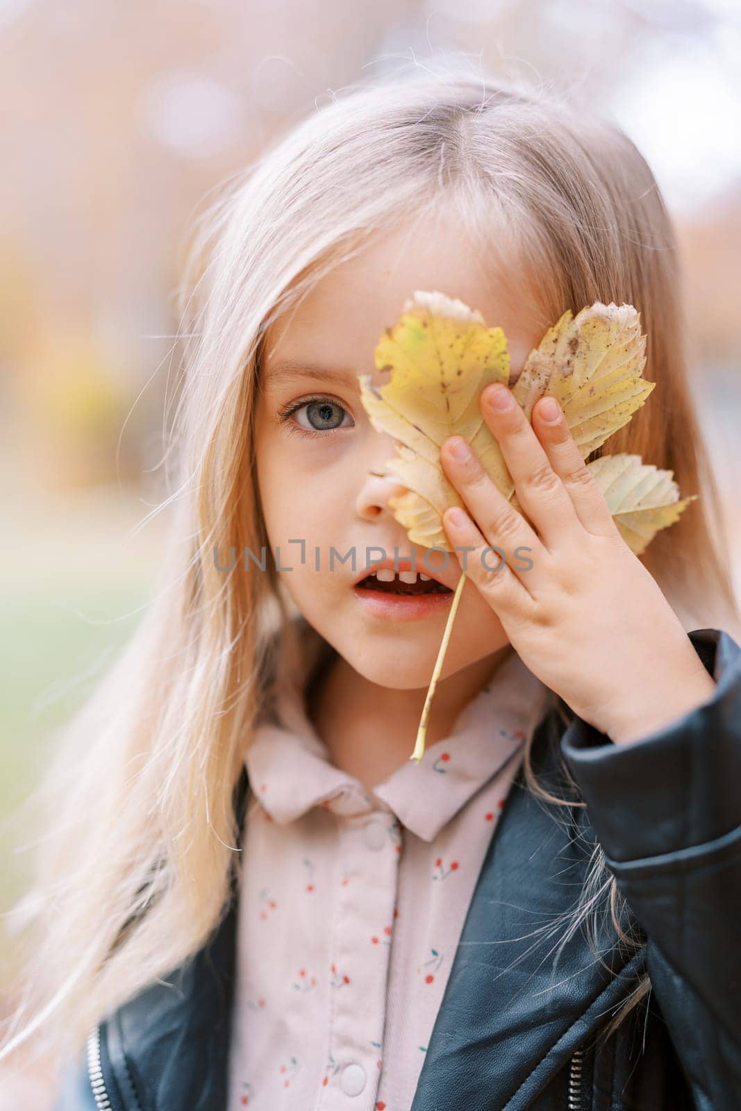 Little girl covering half of her face with a yellow leaf while standing in an autumn park. High quality photo