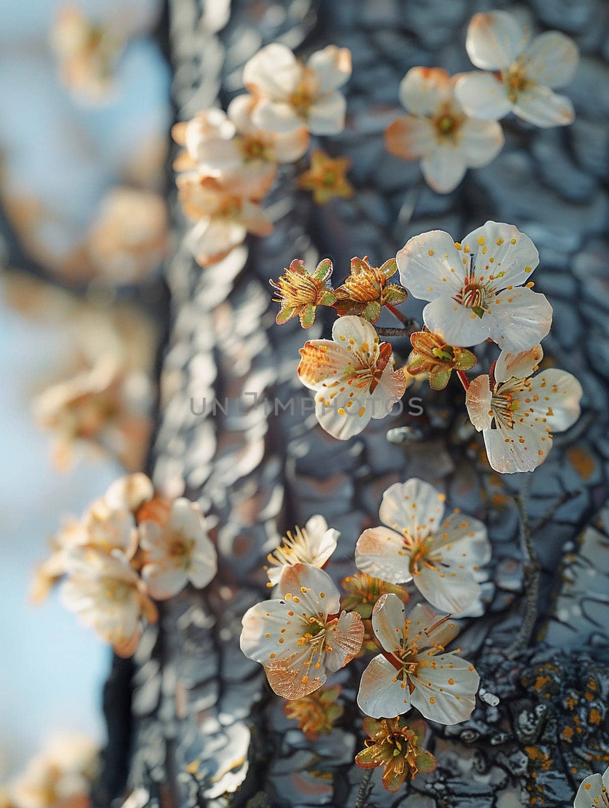 Blooming cherry blossoms against blue sky, ideal for spring and floral themes. Rough bark texture of an old tree, great for nature and rustic designs.