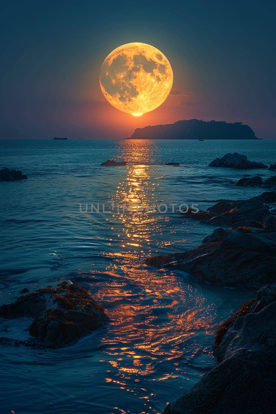 A full moon rising over a tranquil sea, evoking mystery and the beauty of the night.