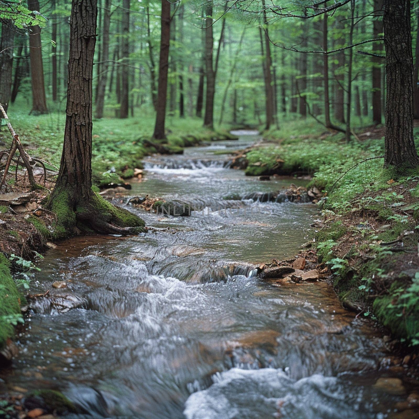 A serene brook winding through a forest, symbolizing peace and the journey of life.