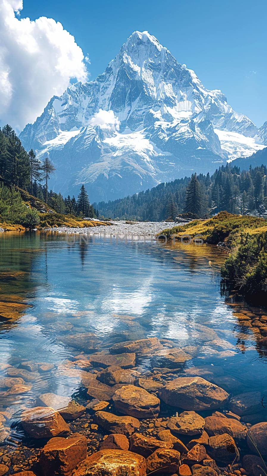 A snow-capped mountain reflected in a crystal-clear lake, symbolizing serene natural beauty.