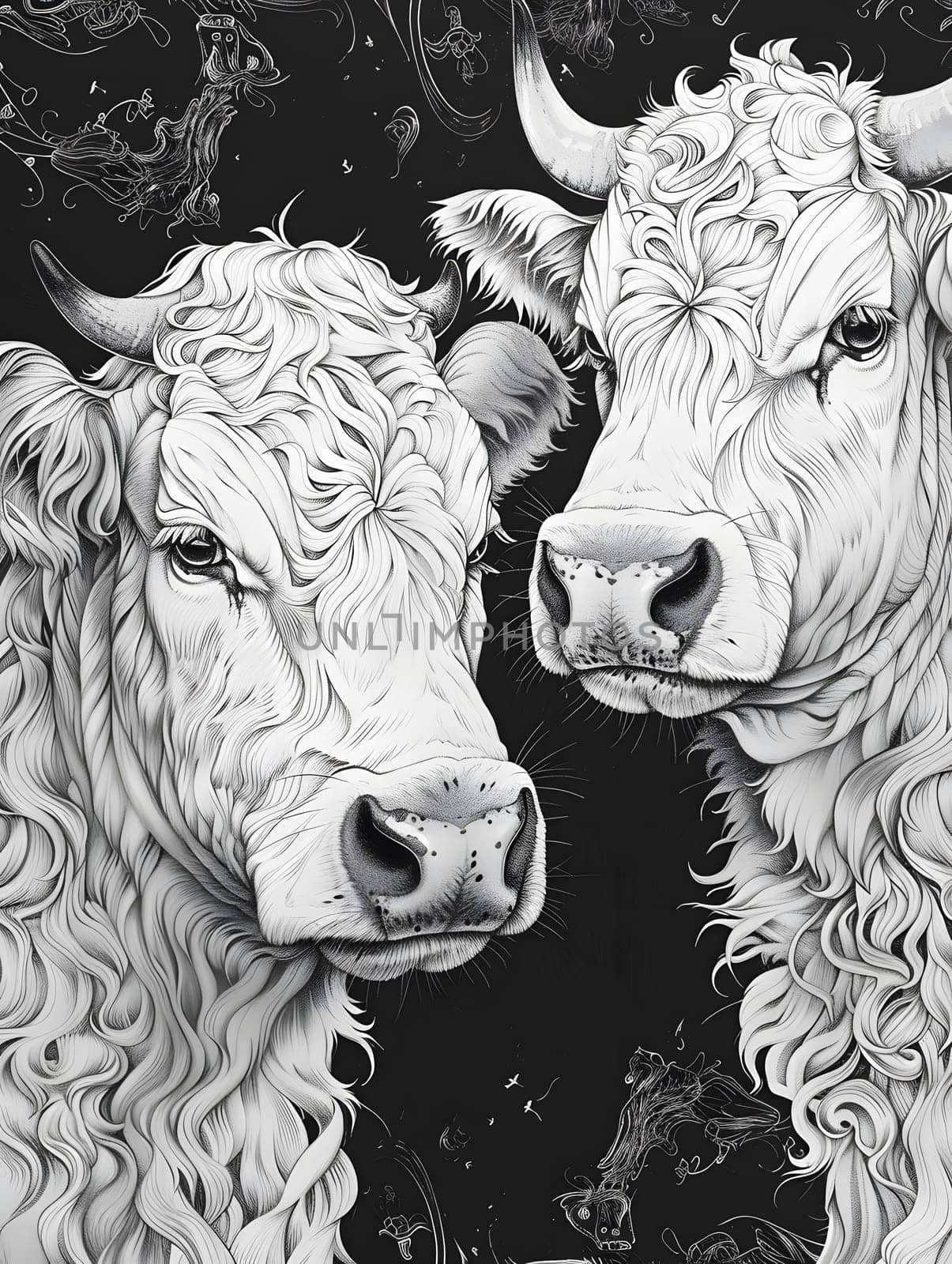 Photograph of two White bulls with horns in a classic art style by Nadtochiy