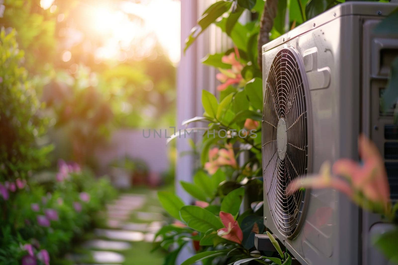 Air compressor, Air conditioning unit in a garden during summer.