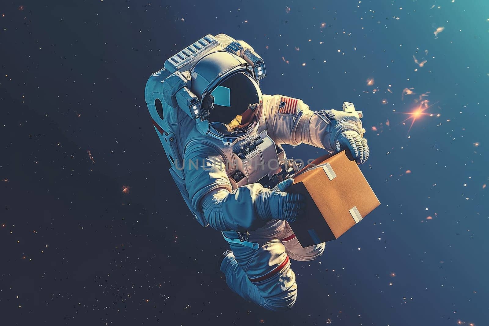 an astronaut delivering a package in the middle of space.