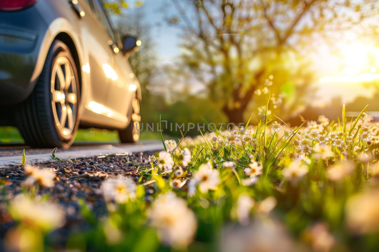 summer car tires in the blooming spring in the sun, time for summer tires.