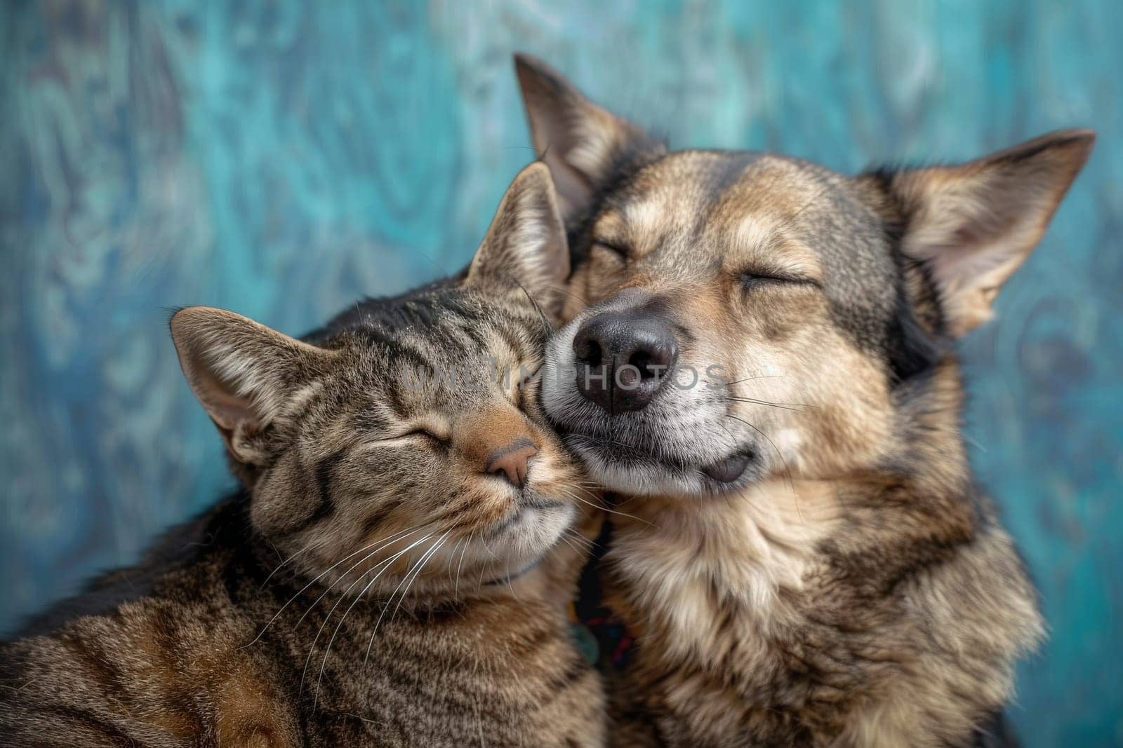 Happy Dog and Cat on blue background, animals love each other.