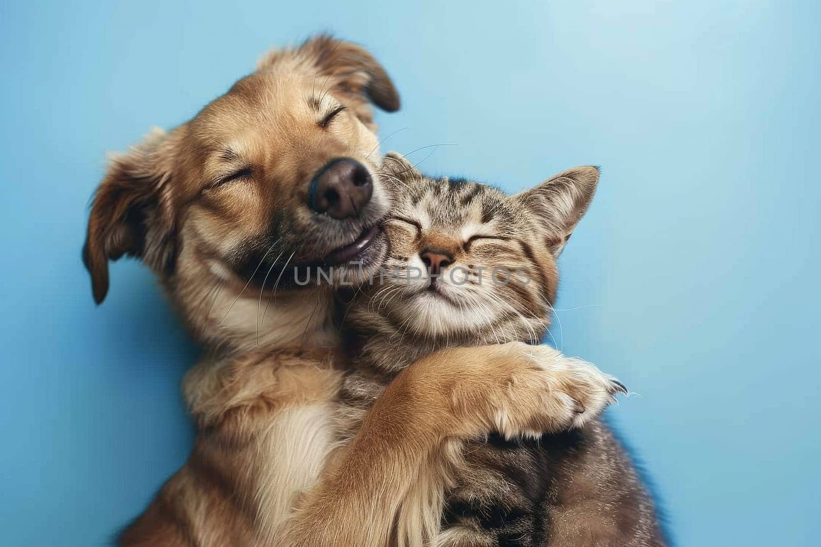 Happy Dog and Cat on blue background, animals love each other.