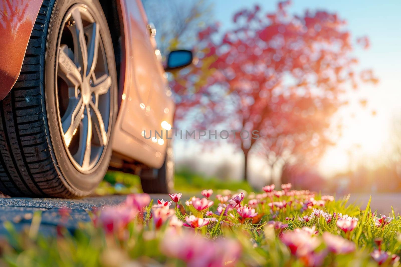 summer car tires in the blooming spring in the sun, time for summer tires.