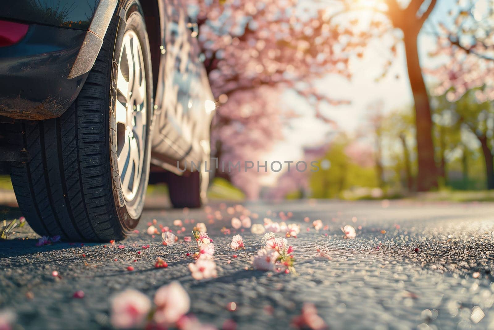 summer car tires in the blooming spring in the sun, time for summer tires by nijieimu
