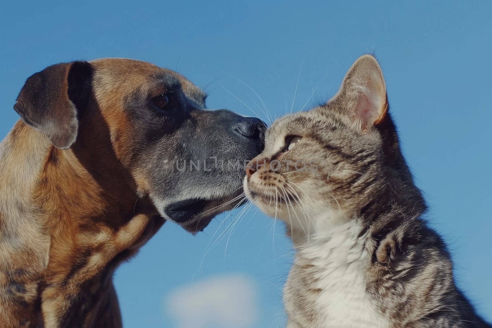 Happy Dog and Cat on blue background, animals love each other by nijieimu