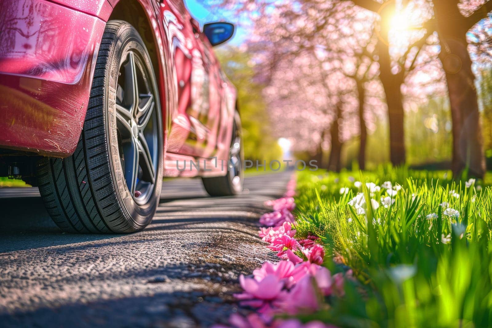 summer car tires in the blooming spring in the sun, time for summer tires.