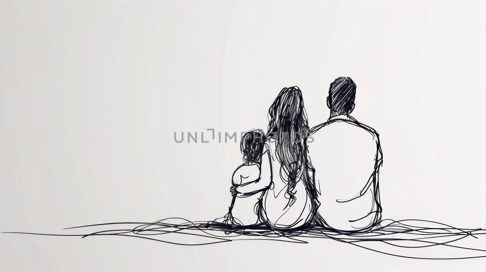 Line drawing A family of three sits on a blanket on the ground.