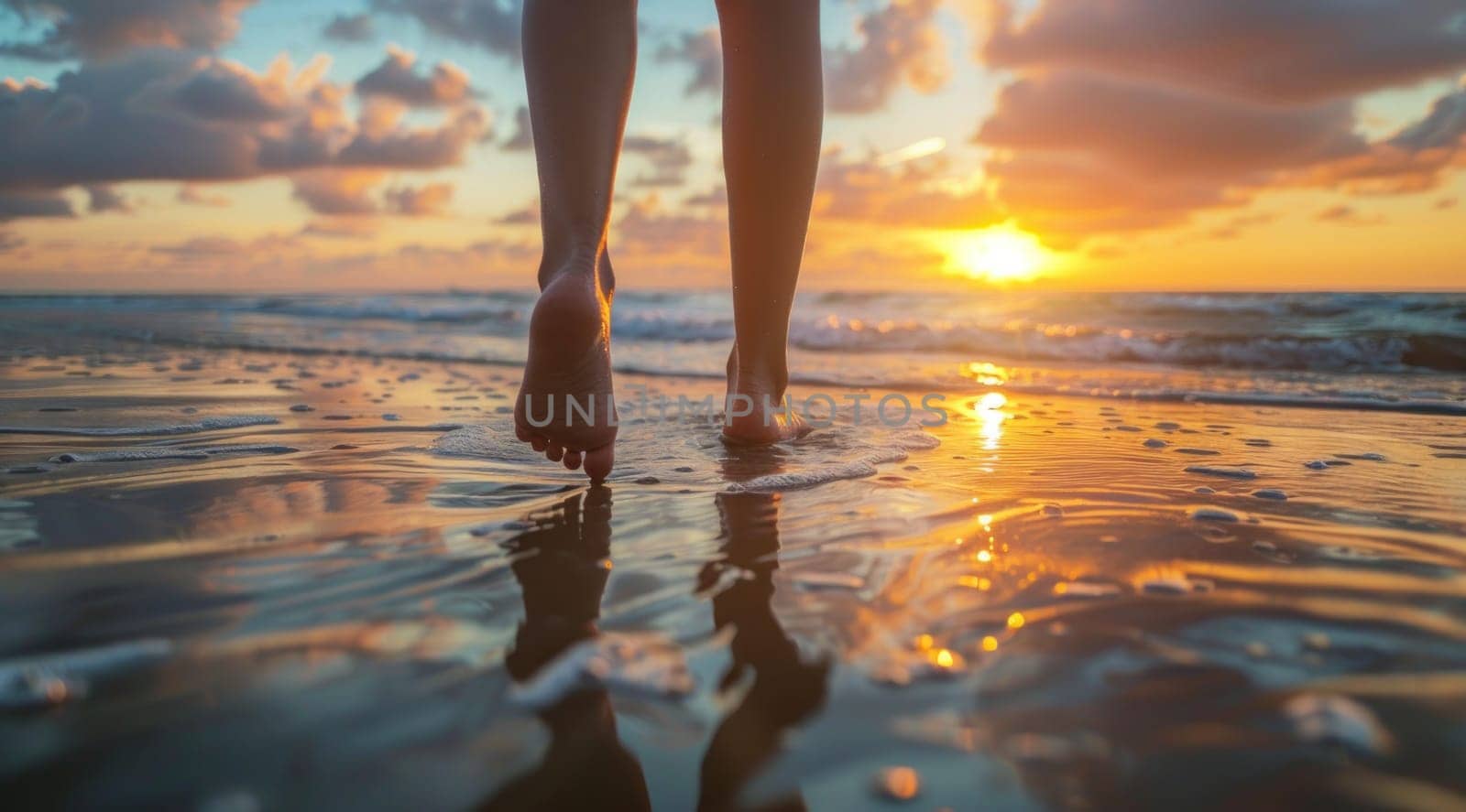 A woman's feet are in the water at sunset.