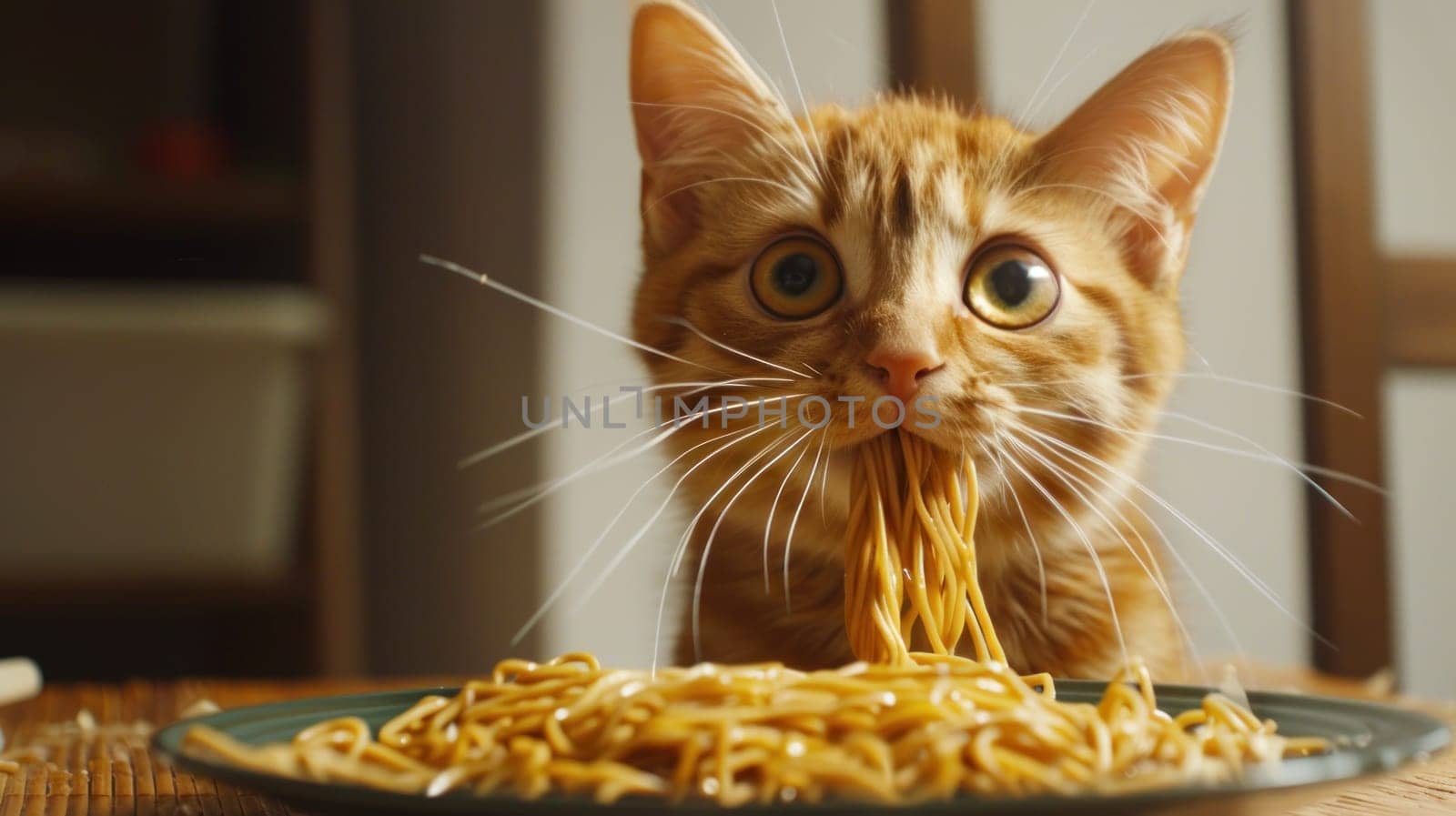 A cat is eating spaghetti on a plate. The cat is orange and has a curious expression on its face