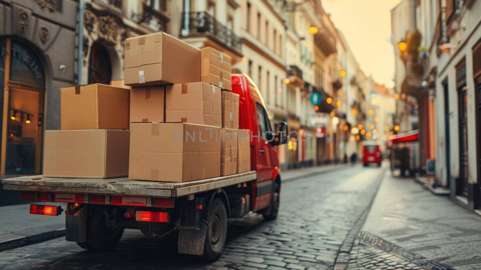 A red truck is parked on a city street with a large number of boxes stacked on truck by golfmerrymaker