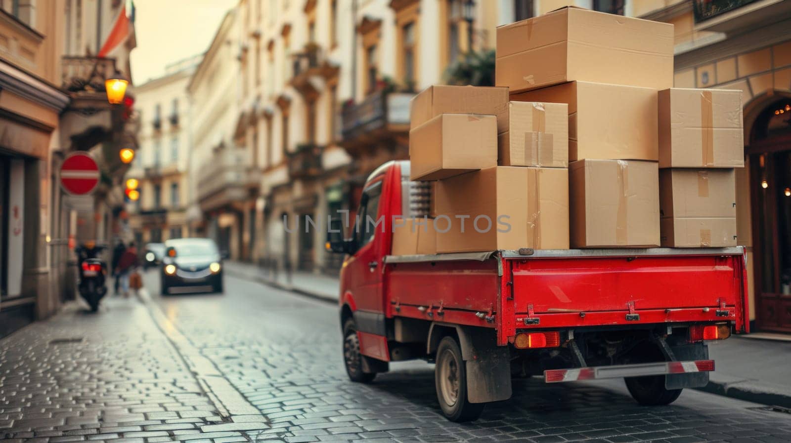 A red truck is parked on a city street with a large number of boxes stacked on truck.