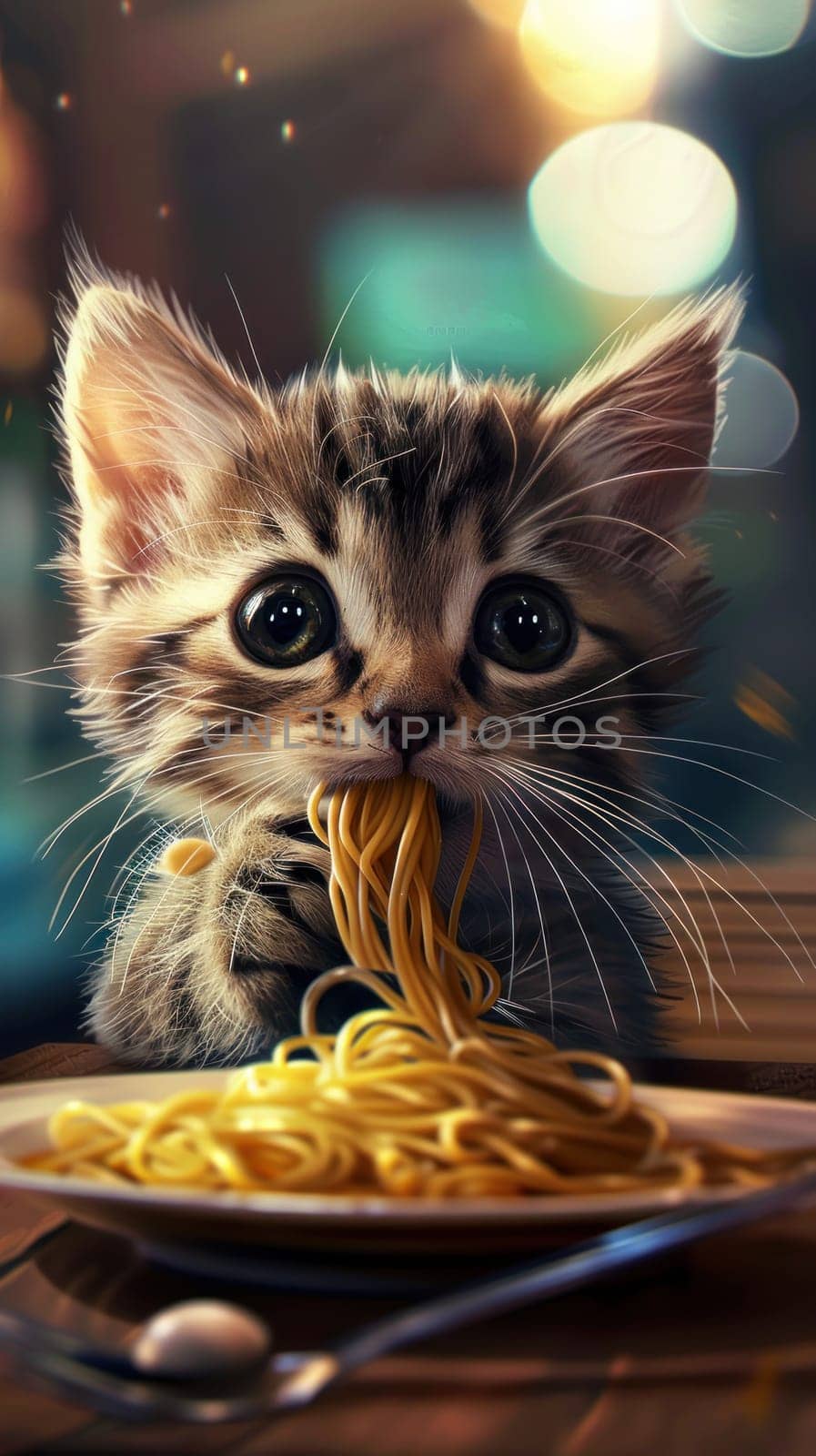 A cat is eating spaghetti on a plate by golfmerrymaker