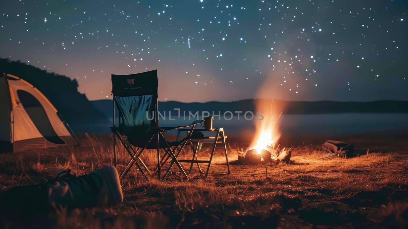 A campsite with a tent a chair and a fire..