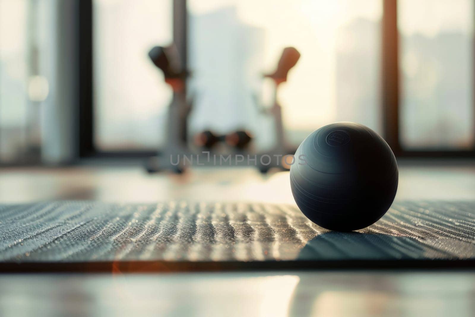 a fitness balls and yoga mat on floor in gym..