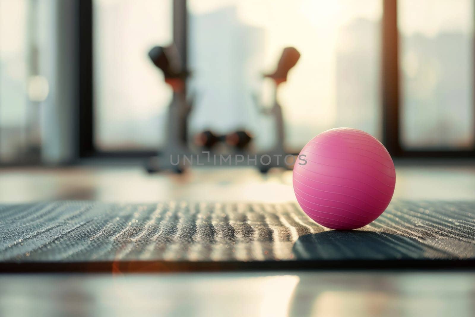 a fitness balls and yoga mat on floor in gym. by matamnad