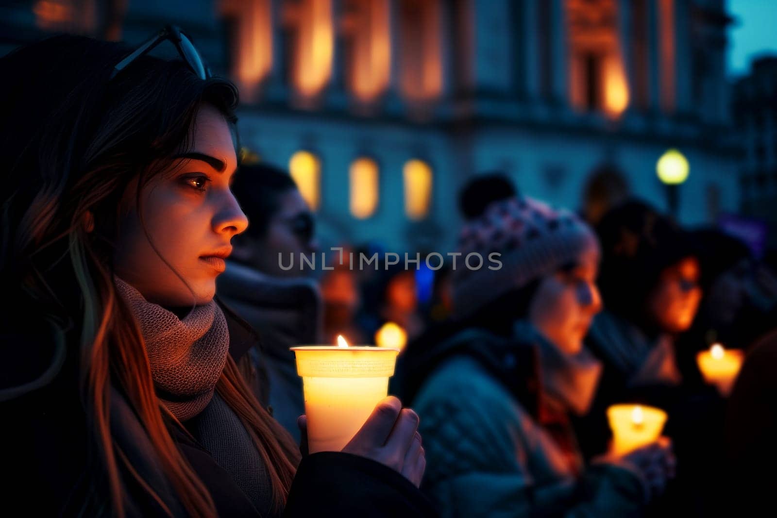 Vigil for victims of tragedy. Shot to sad woman holding candle. Generative AI.