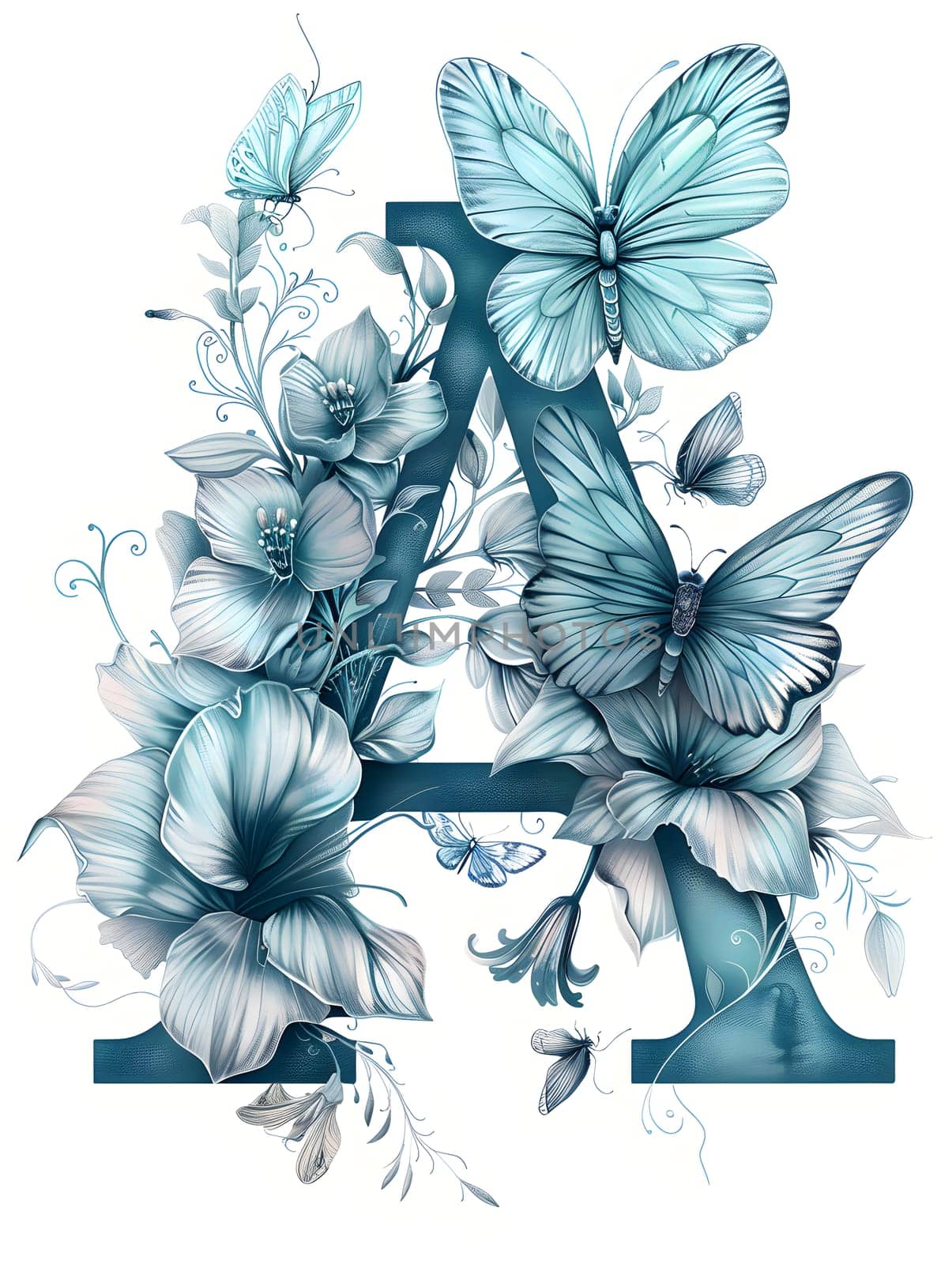 The letter a is adorned with a beautiful design of blue flowers and butterflies, showcasing the artistry of plantinspired patterns and creativity in textile decoration