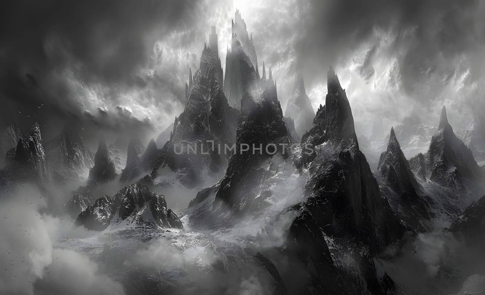 Monochrome painting of clouds swirling around mountain range by Nadtochiy