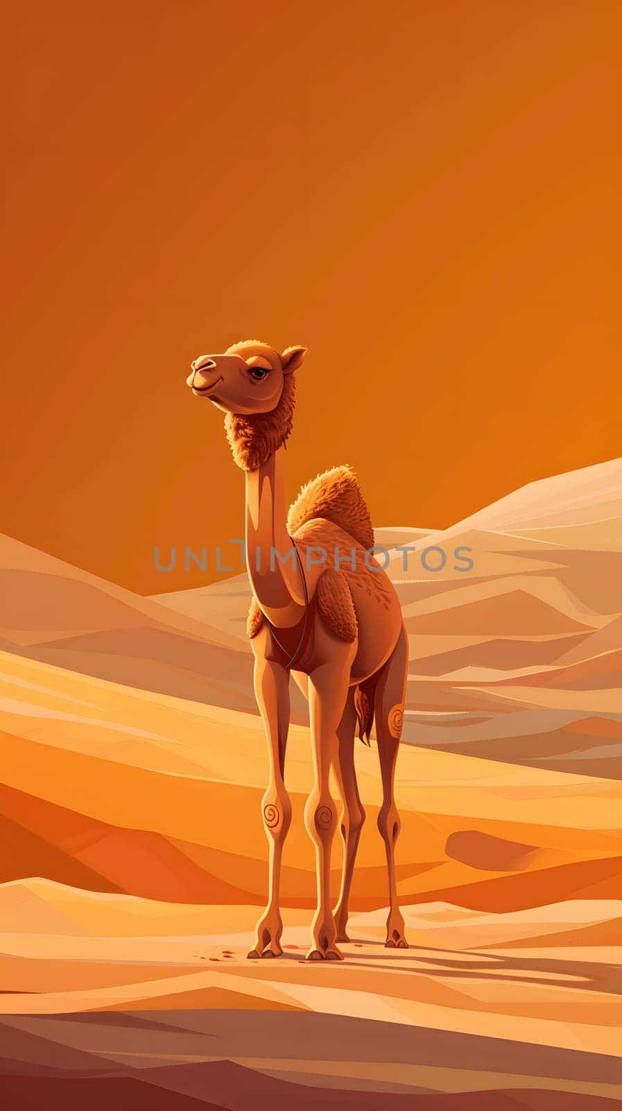 A Camel, a Camelid terrestrial animal, stands in the middle of an erg, an aeolian landform in the desert. The fawncolored animal contrasts with the golden sand under a vast blue sky