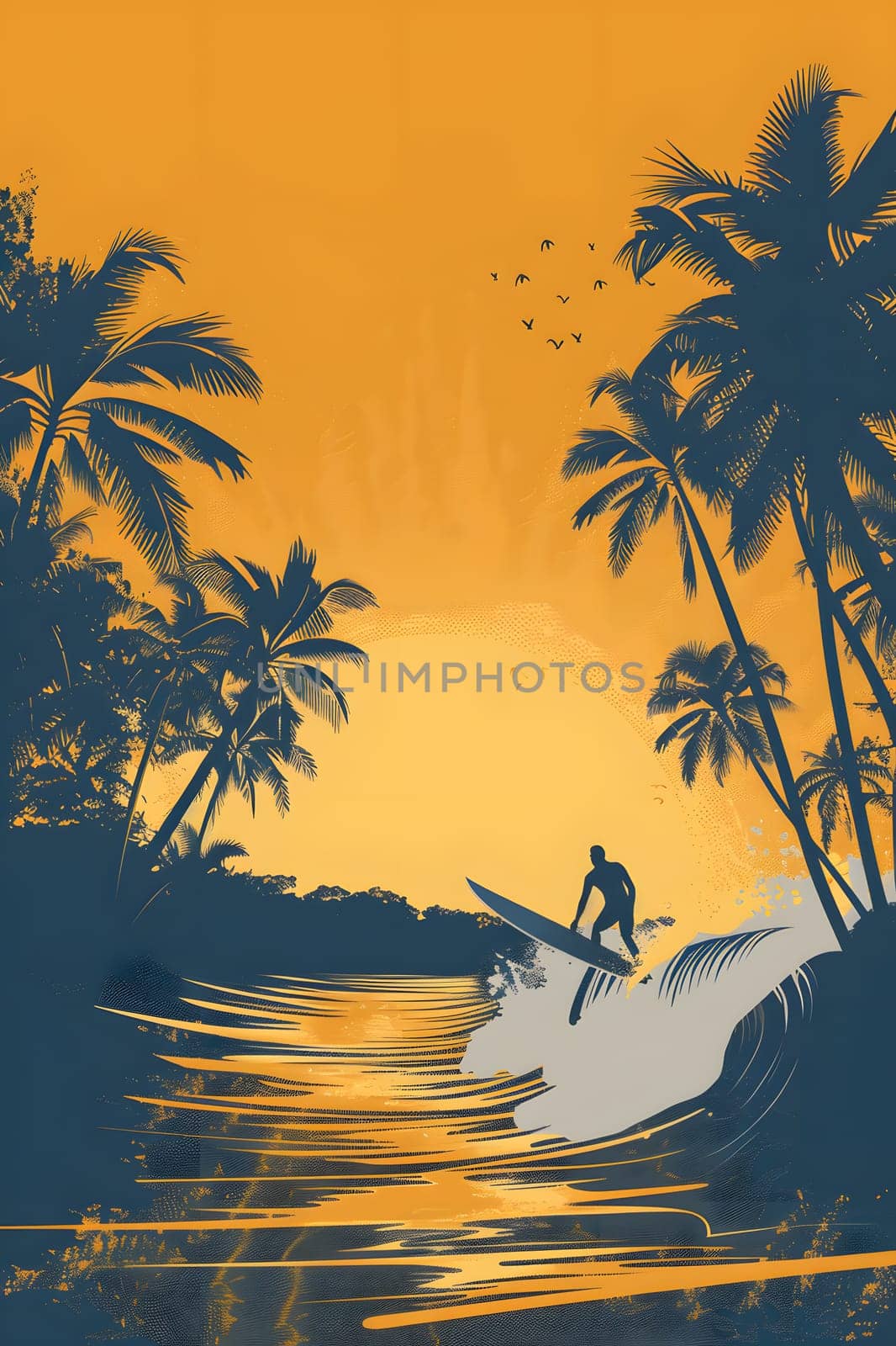 The man is surfing a wave on his board in the ocean under the sunset sky, surrounded by palm trees and lush vegetation during the afterglow