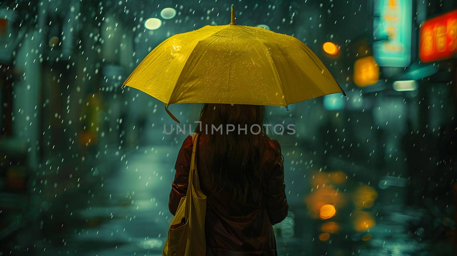 A woman stands under a yellow umbrella in the drizzle, embracing the natural environment and the atmospheric phenomenon of rain while traveling in the darkness