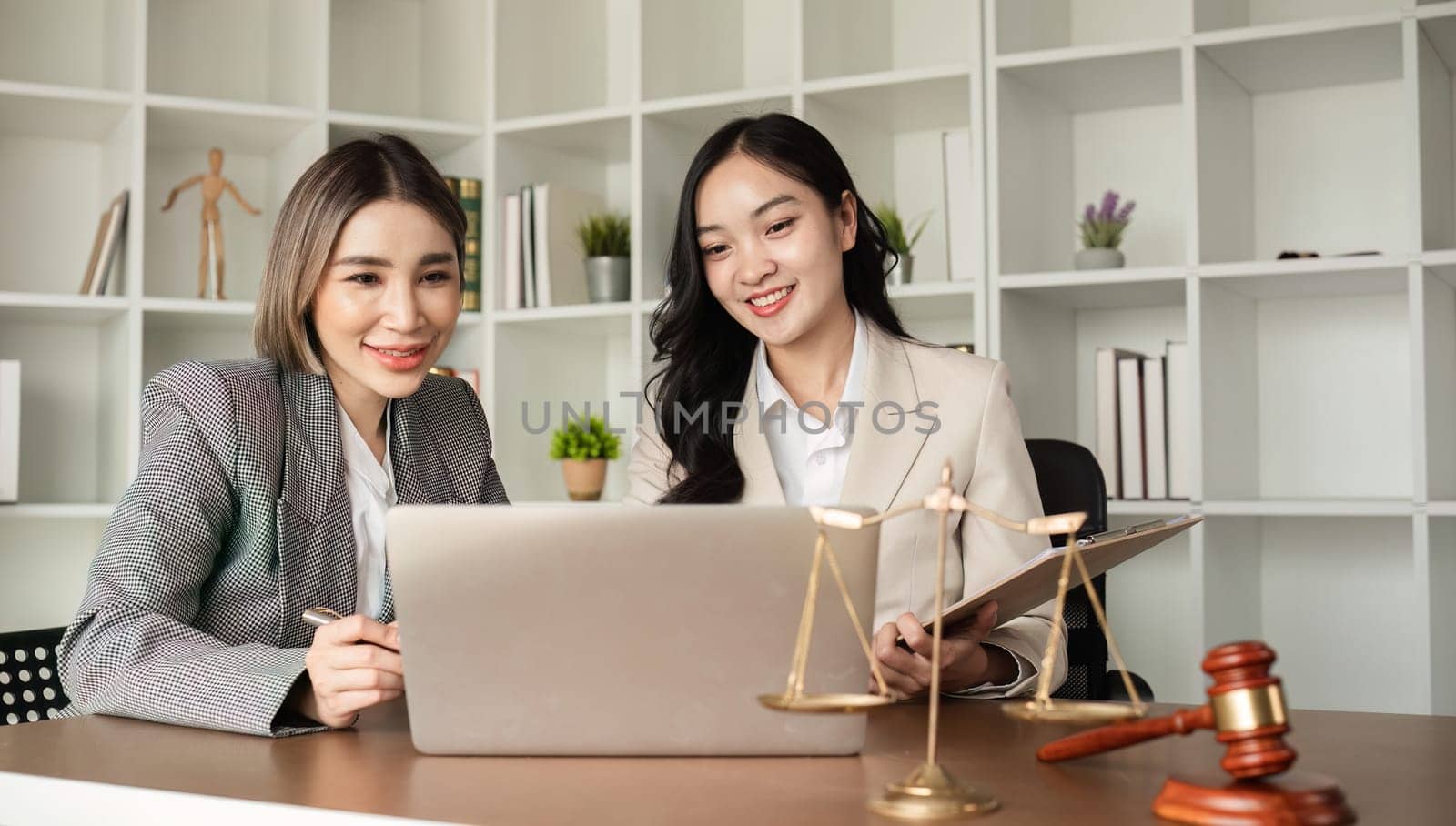A young Asian lawyer and businesswoman discuss business law and financial contracts..