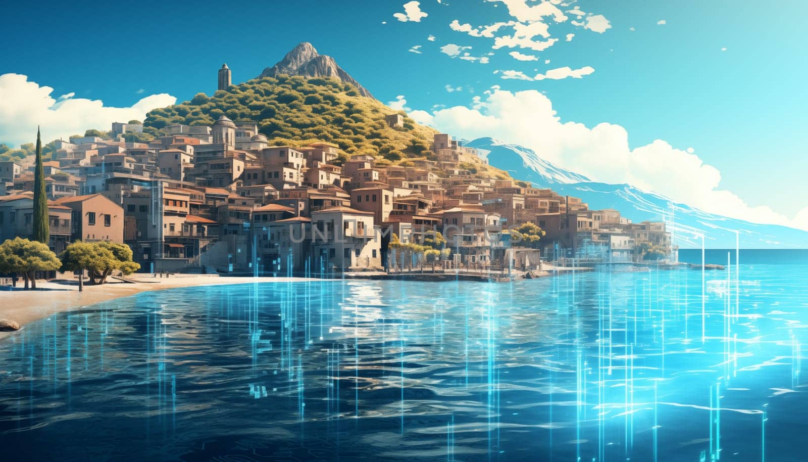 Immerse yourself in a stunning digital painting capturing the harmonious blend of a bustling cityscape and a serene beachfront. Marvel at the vibrant colors and intricate details as an artificial intelligence becomes your travel guide to this extraordinary world.