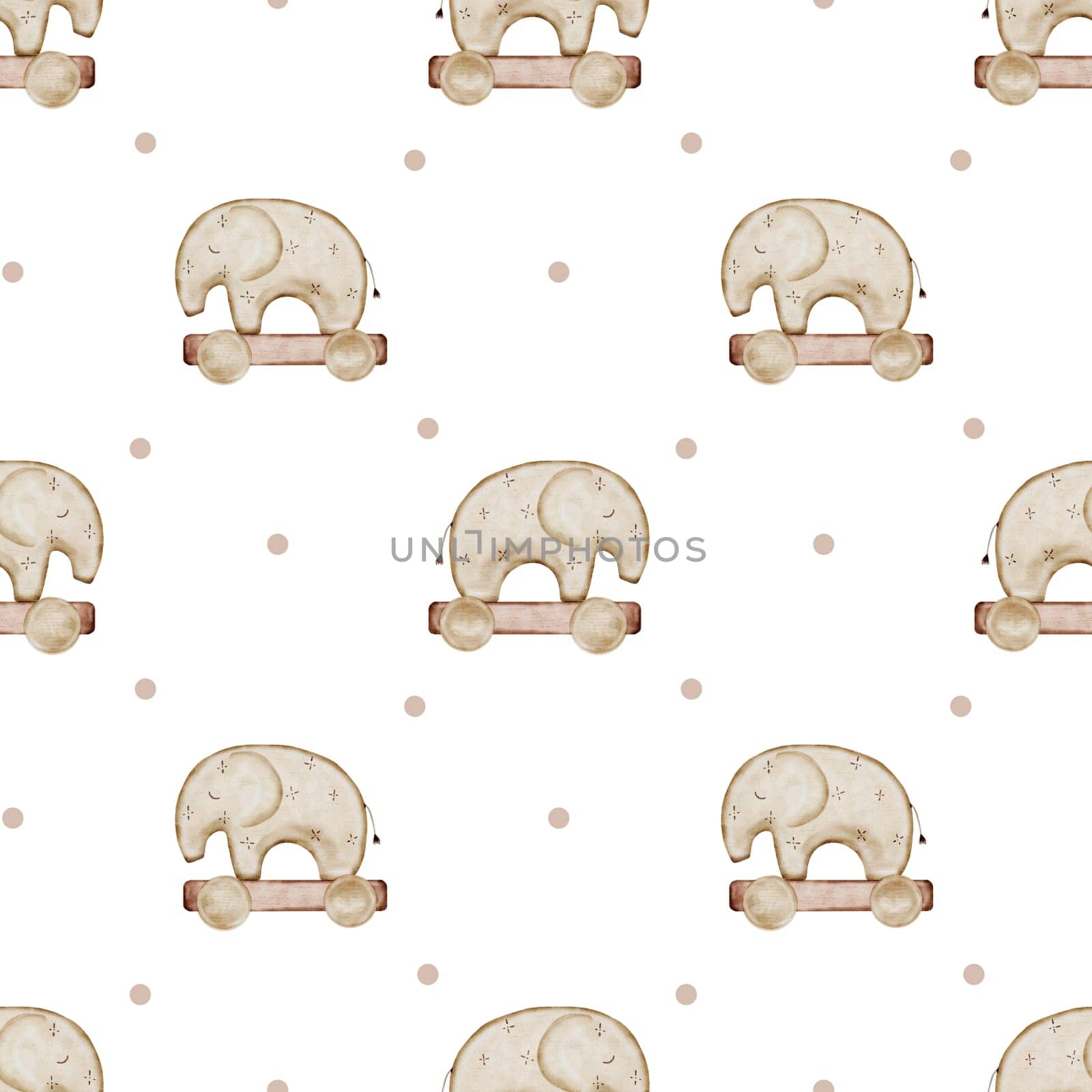 Baby toy pattern. Watercolor seamless pattern with wooden elephant on wheels and dots. Ornament in beige tones in Scandinavian boho style. For printing on children's textiles, pajamas, bed linen, diapers. High quality illustration