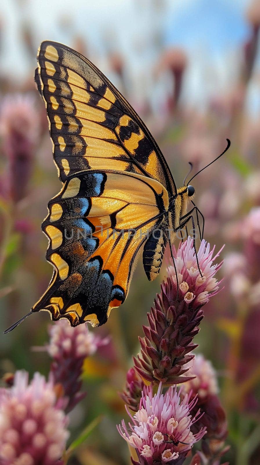 Close-up of a butterfly resting on a wildflower, symbolizing delicacy and nature's cycles.