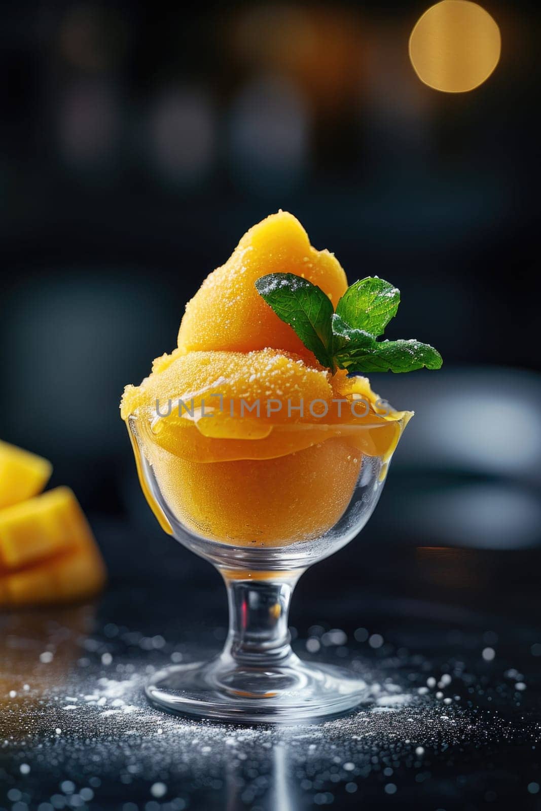 Mango sorbet in a glass on the table . Popsicle in a glass.