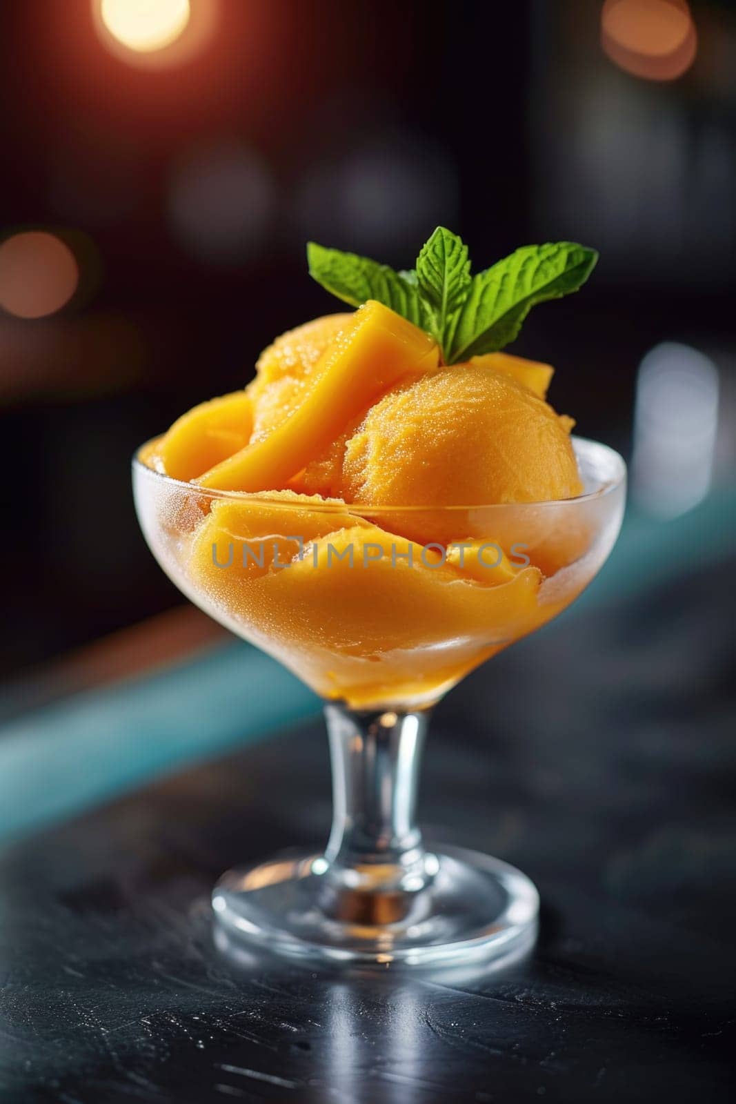 Mango sorbet in a glass on the table . Popsicle in a glass by Lobachad