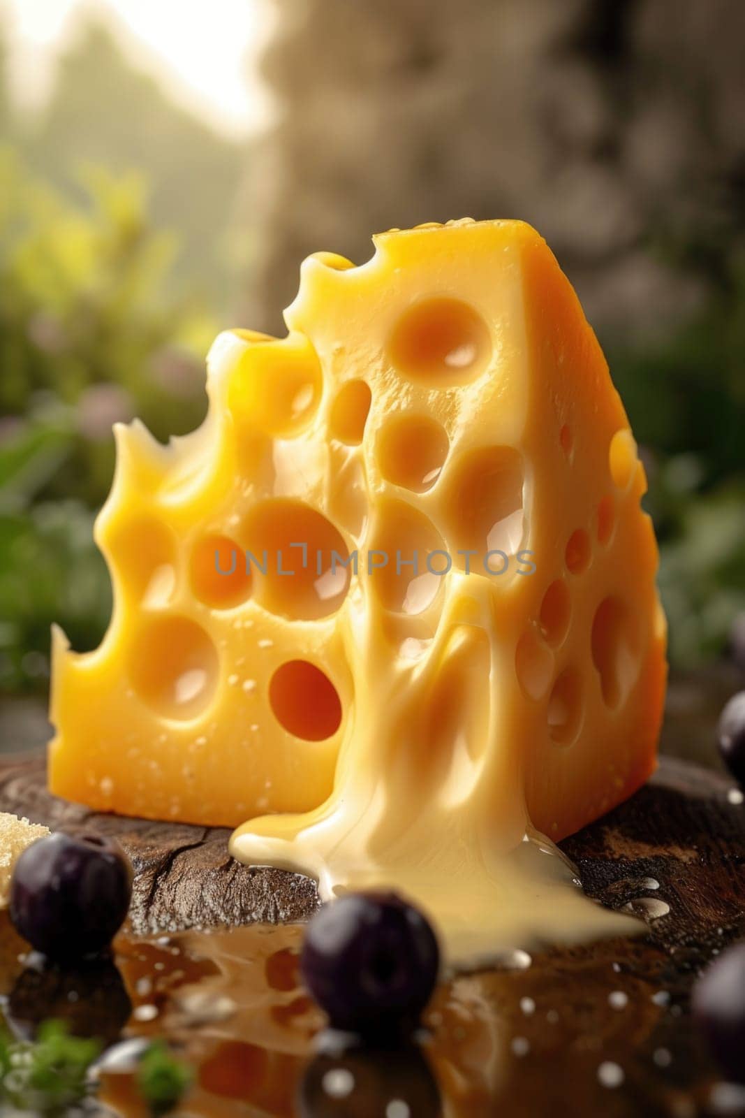 Delicious fresh cheese with holes on the kitchen board by Lobachad