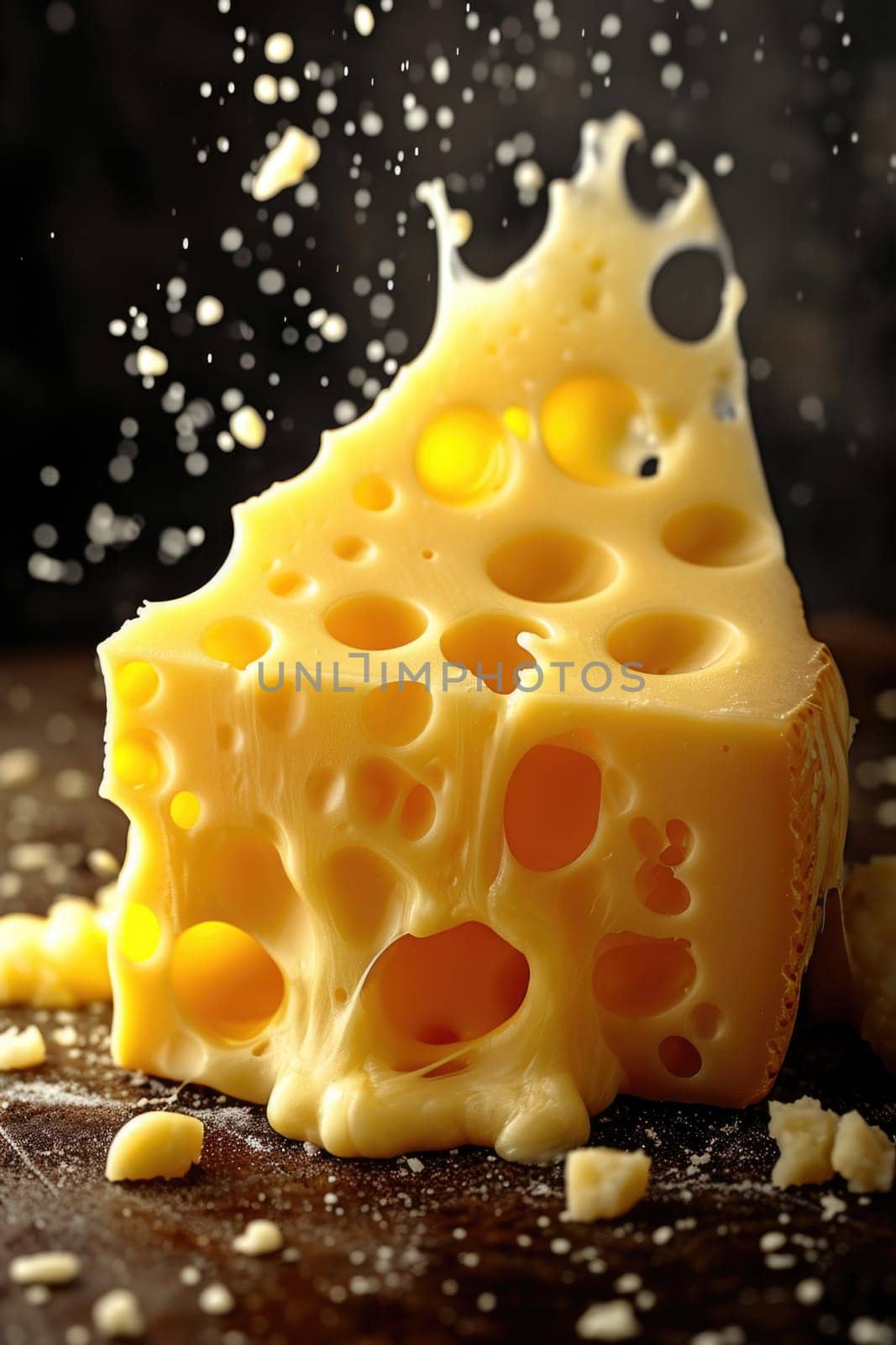 Delicious fresh cheese with holes on the kitchen board.