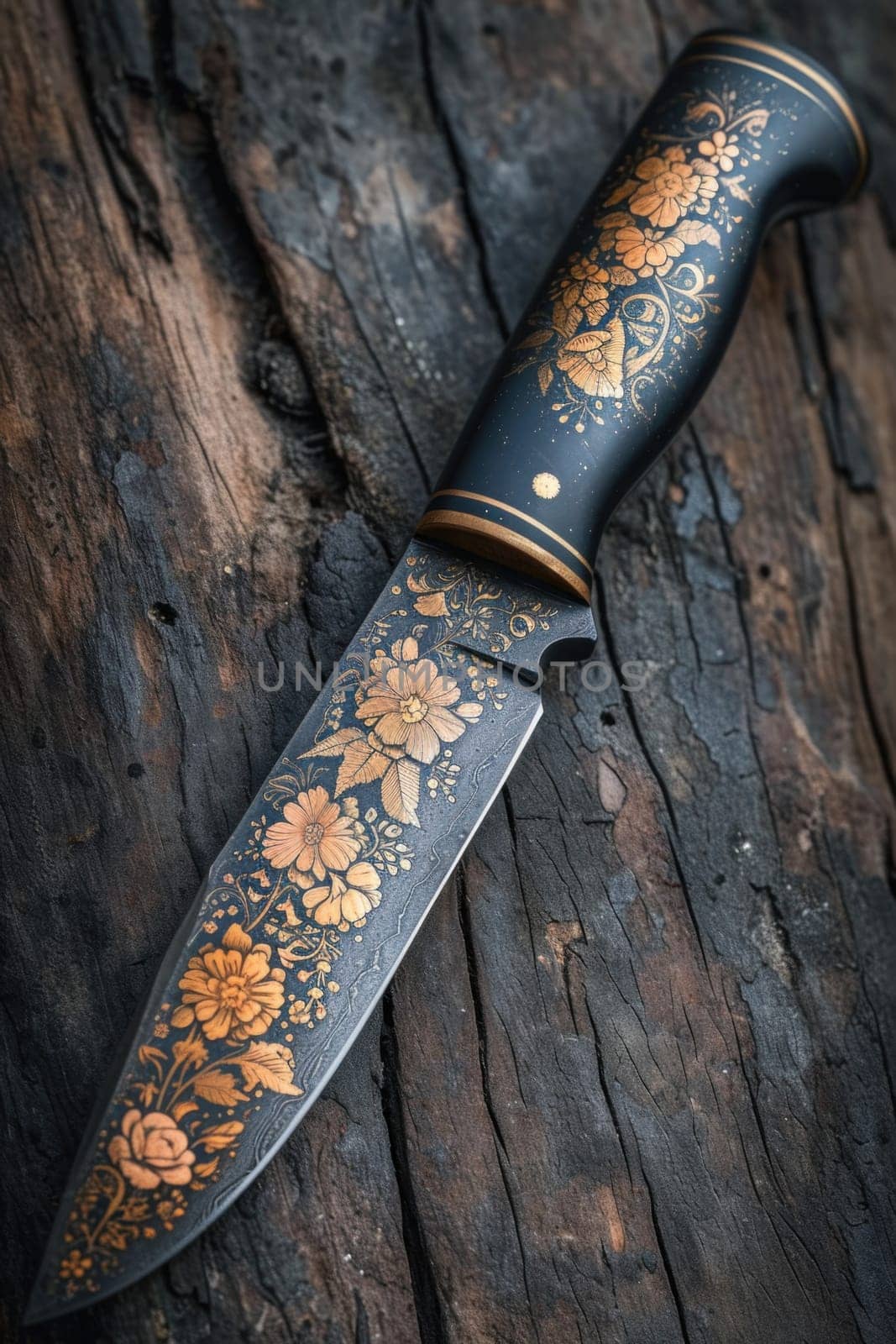 One Stylish Damascus steel kitchen knife on a wooden board.