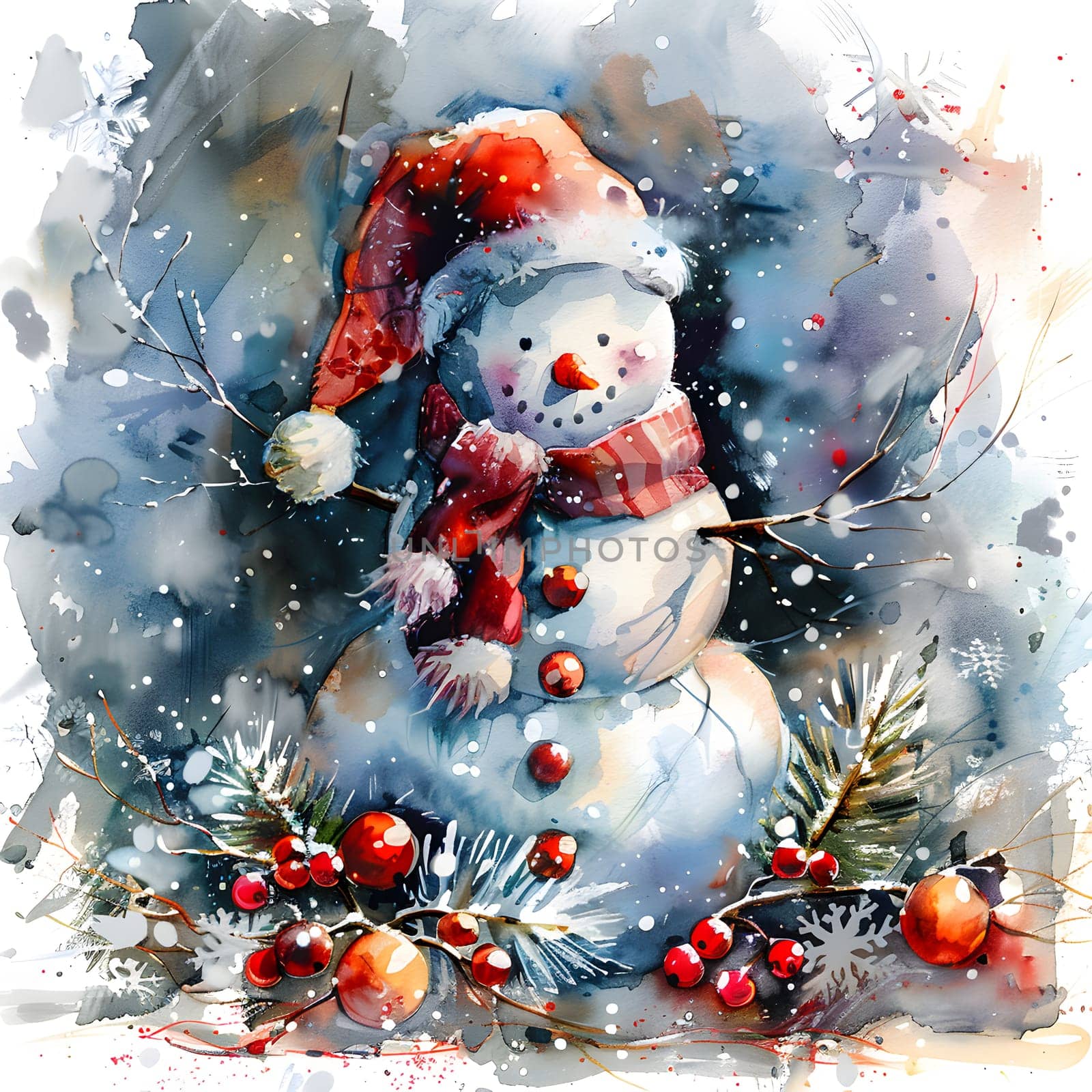 Snowman Christmas ornament with Santa hat and scarf watercolor painting by Nadtochiy