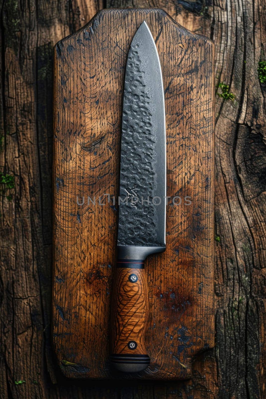 One Stylish Damascus steel kitchen knife on a wooden board.