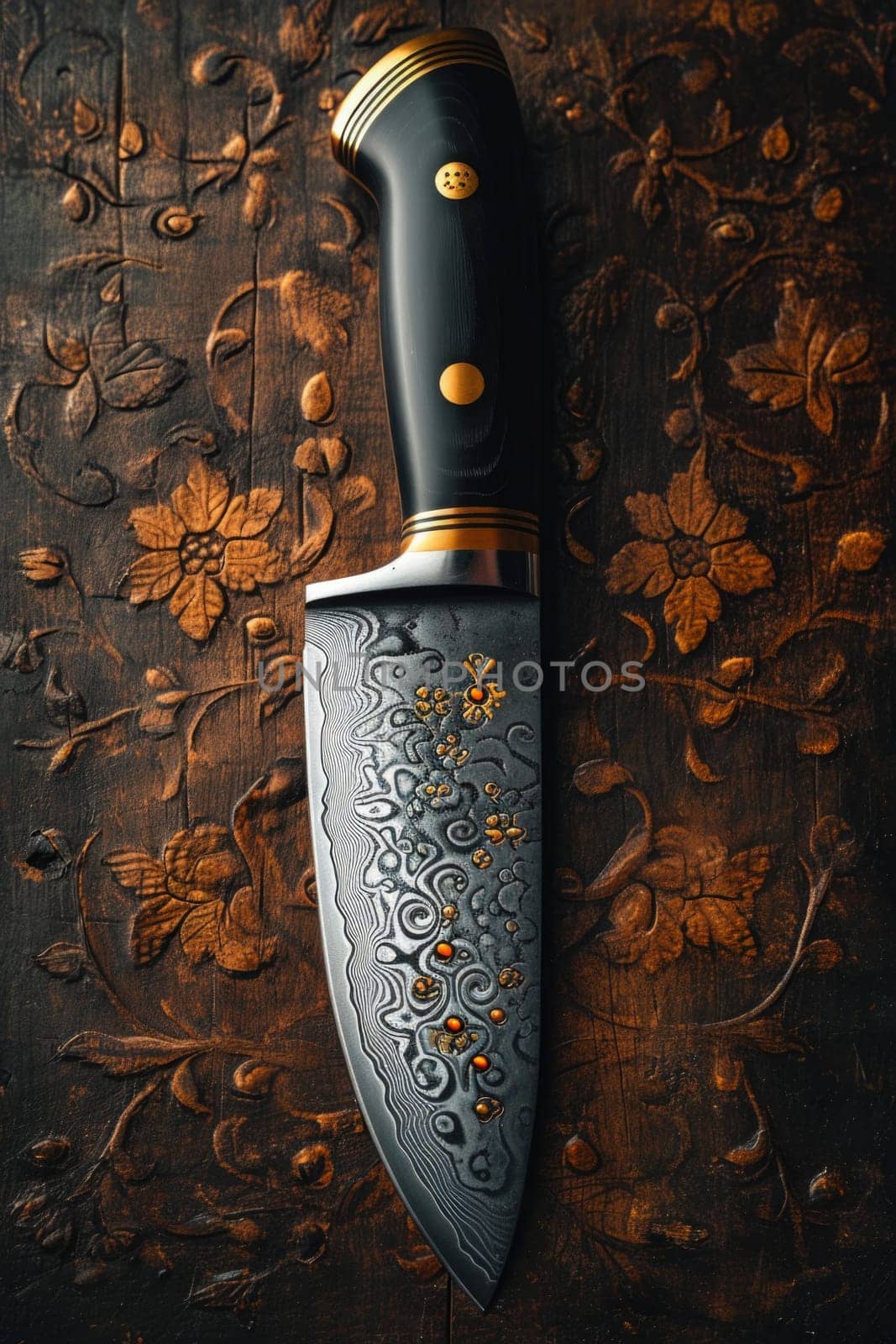 One Stylish Damascus steel kitchen knife on a wooden board.