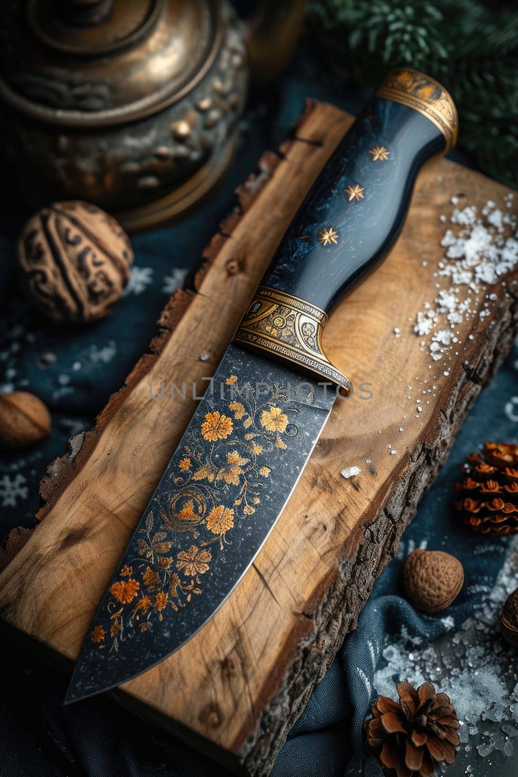 One Stylish Damascus steel kitchen knife on a wooden board.