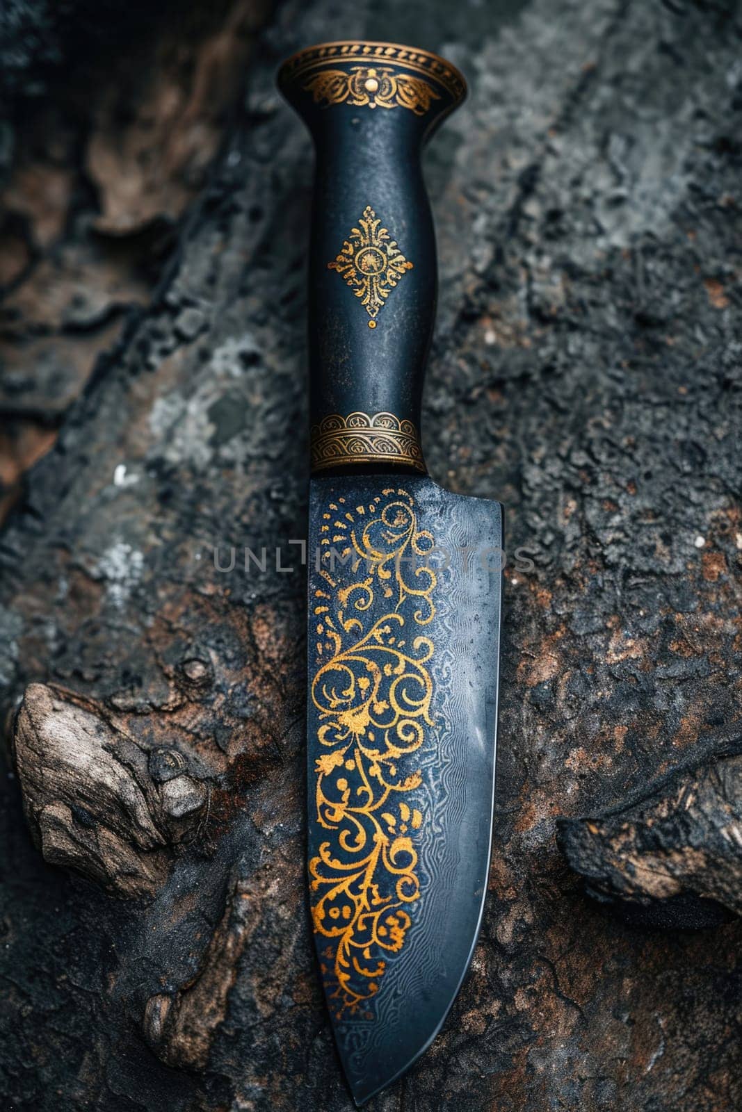 One Stylish Damascus steel kitchen knife on a wooden board.