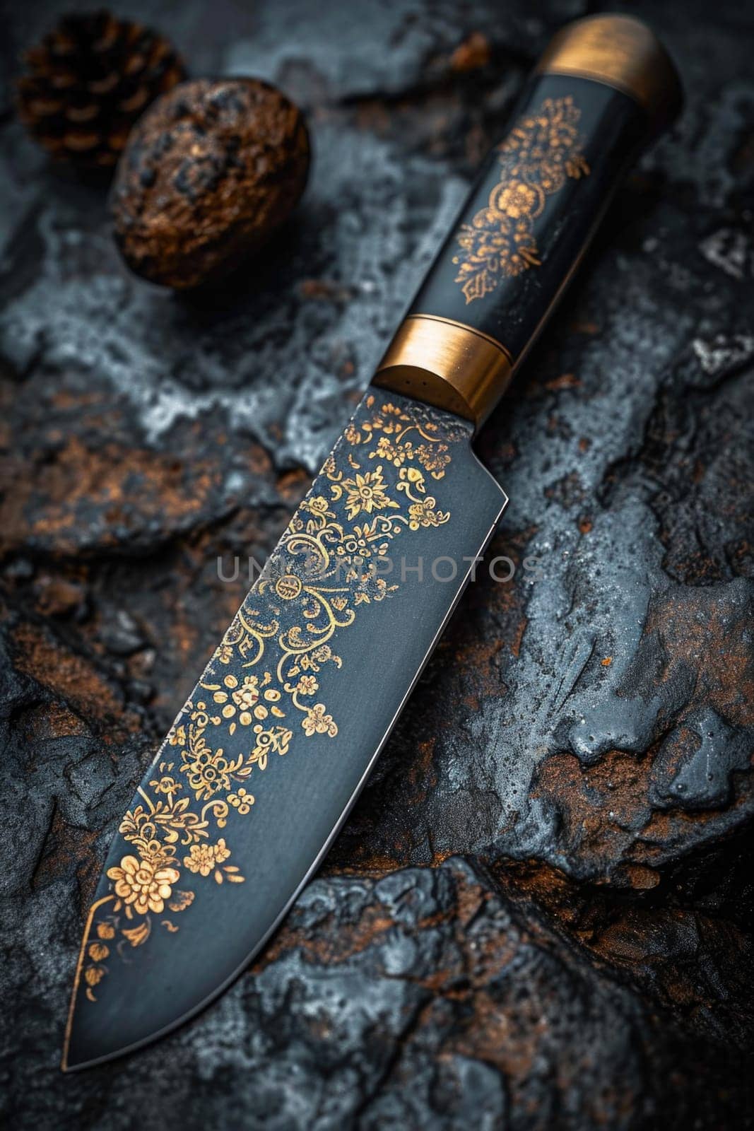 One Stylish Damascus steel kitchen knife on a wooden board.